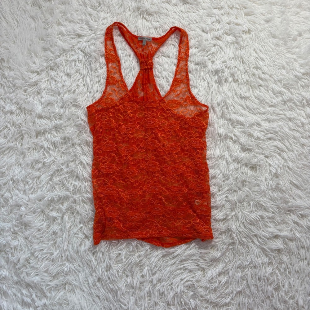 y2k orange lace floral sheer tank top medium
